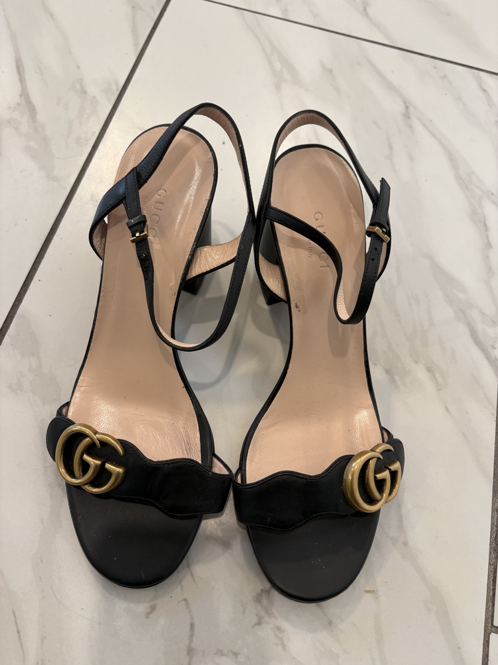 Gucci Black Leather Slingback Sandals with Gold Double G